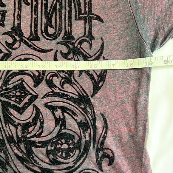 Affliction crewneck, graphic, short sleeve T-shirt, burgundy, and black - Picture 5 of 7